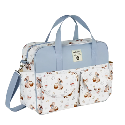 Bolsa de maternidade azul claro com coelhos